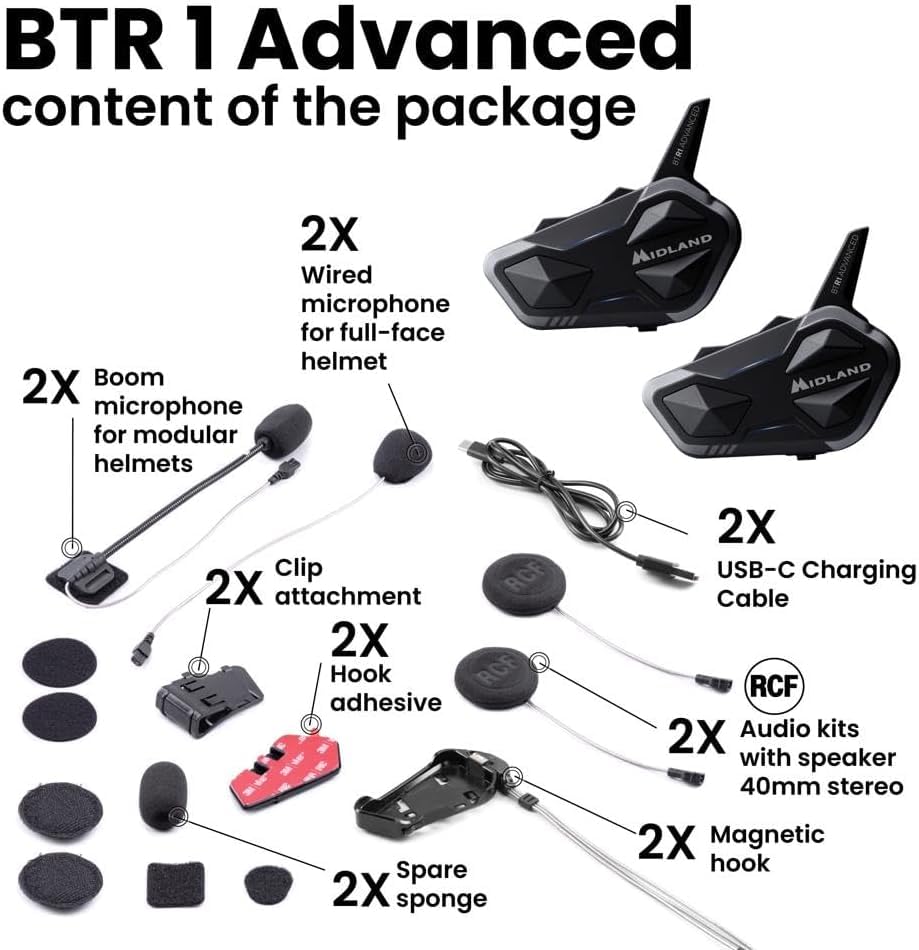 Midland BTR1 Advanced Motorcycle Bluetooth Headset – 4-Rider Intercom System with Wired and Boom Mic, RCF HD Sound, Music Sharing, DNK Noise Cancellation, FM Radio, IPX6 Waterproof (2 Pack, Black) - Image 8