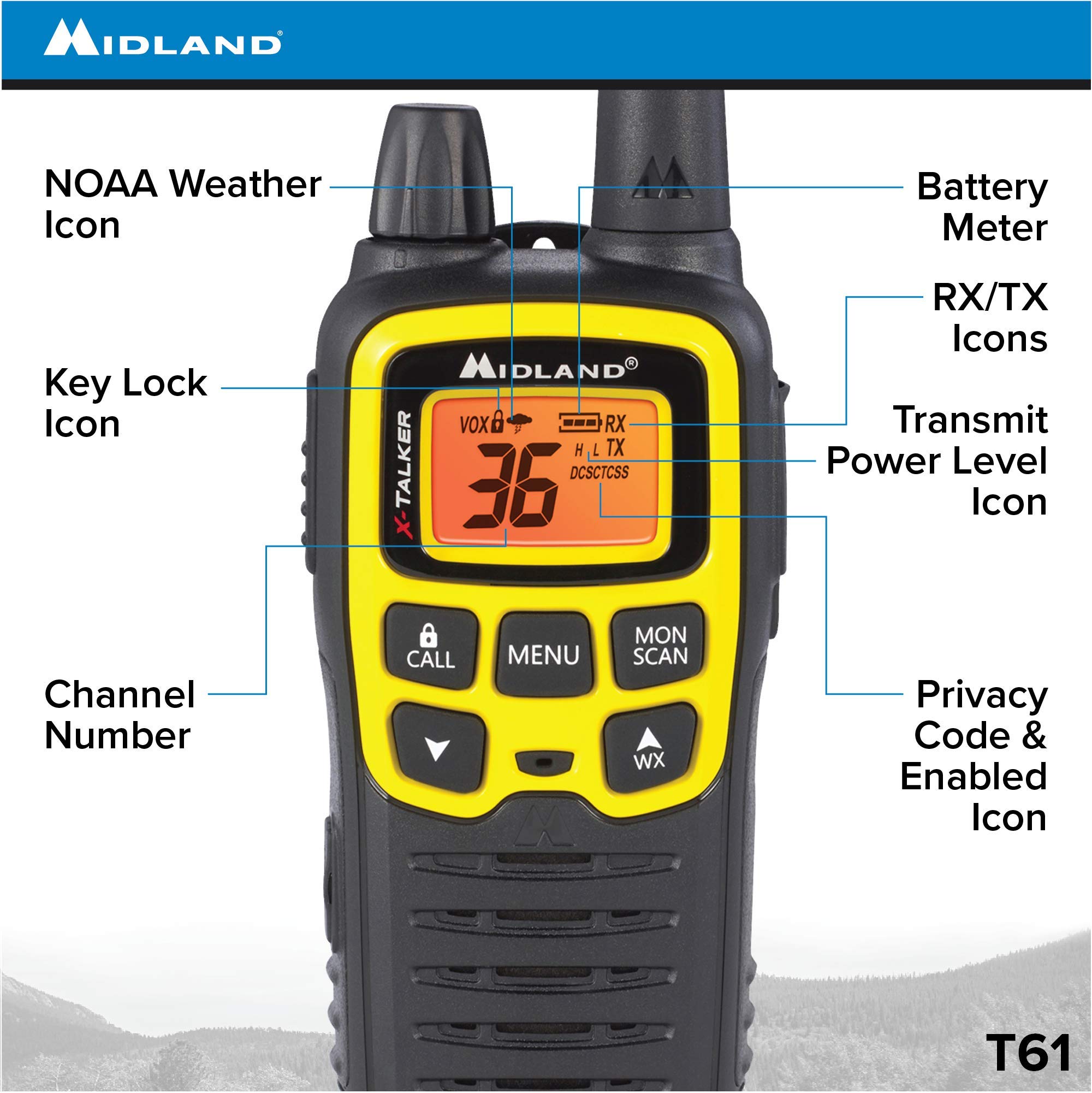 Midland T61VP3 36 Channel FRS Two-Way Radio - Up to 32 Mile Range Walkie Talkie - Yellow/Black (Pack of 12) - Image 3
